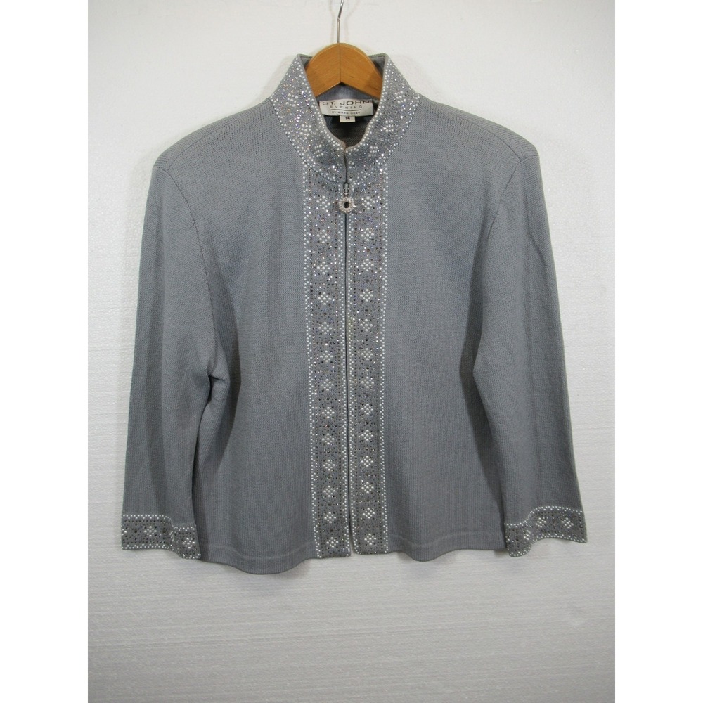 St. John Evening Marie Gray Rhinestone Jacket Women 14 Zip Vintage